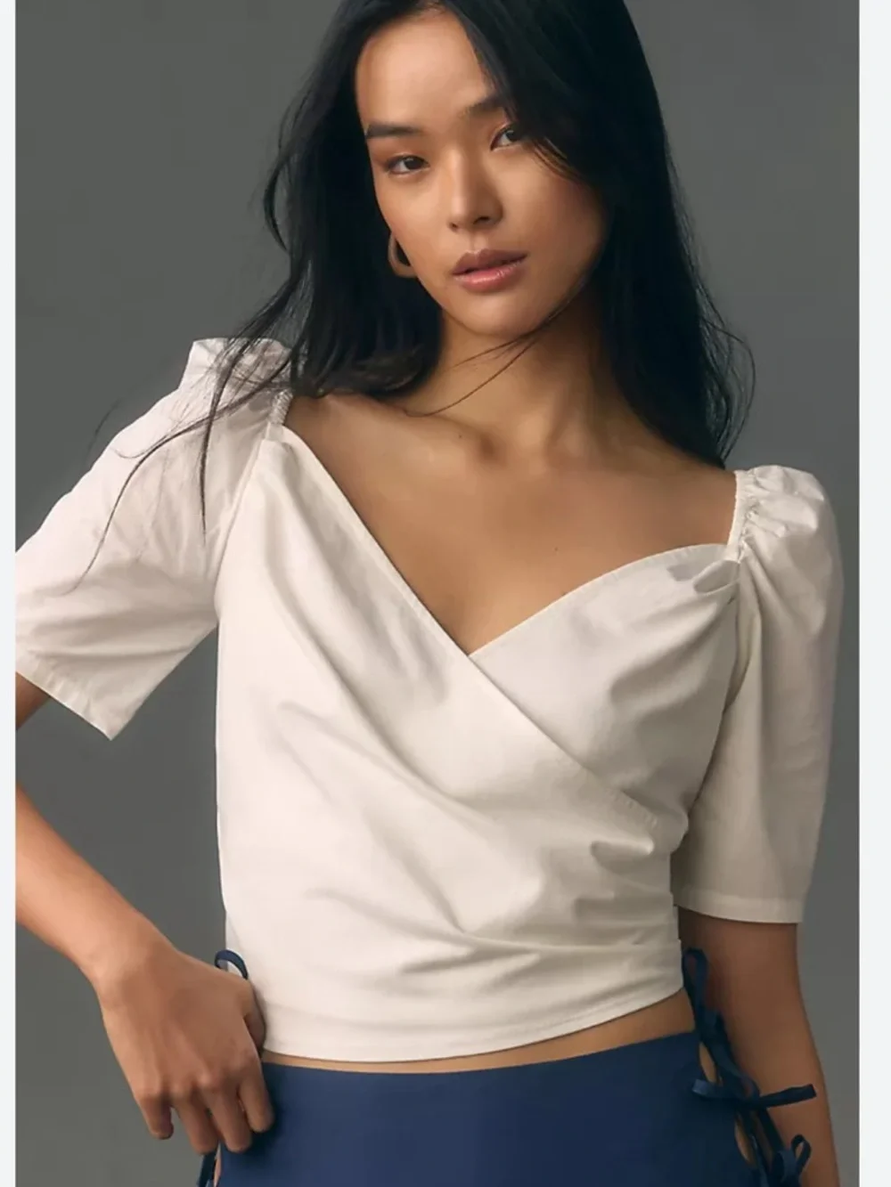 By Anthropologie White Puff-Sleeve Wrap Blouse Size Small